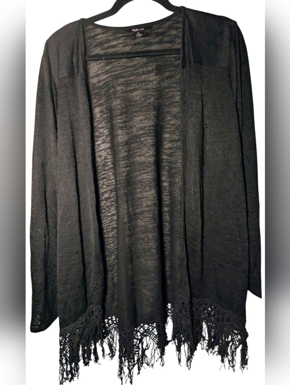 Style & Co Size L Black Sheer Knit Fringe Boho Cardigan GUC